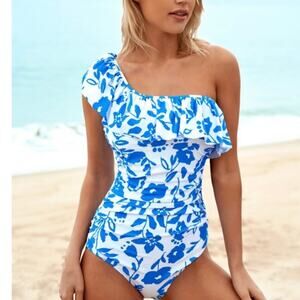 Floral Ruffles Blue & White One Shoulder Open Back One-Piece Ruched Swimsuit LG